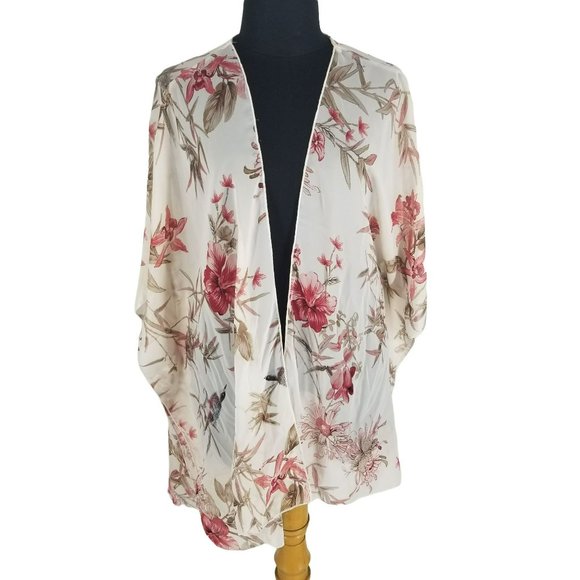 emory park Tops - Emory Park White Pink Floral Bird Print Semi Sheer Kimono Wrap Shawl Swim Cover